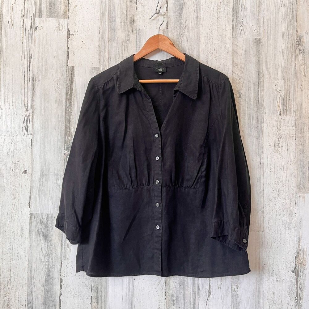 Talbots Dark Gray Black 100% Irish Linen Blouse 16W Casual Office Cruise